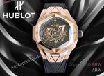 High Quality Replica HUBLOT BIG BANG SANG BLEU II Black Fluororubber Strap Black Skeletonized Geometric Face Dial Titanium With Diamond-Set Case Watch 45mm